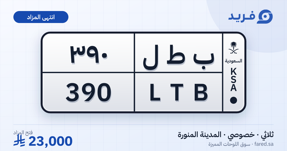 لوحة مميزة ب ط ل 390 – LTB 390 – المدينة المنورة – مزاد
