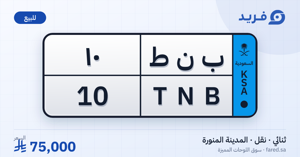 لوحة مميزة ب ن ط 10 – TNB 10 – المدينة المنورة – للبيع